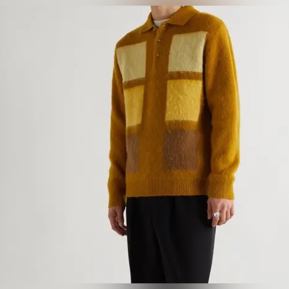 BEAMS Plus Japan Mohair Colorblock Knit Polo Sweater Mustard Cream & Brown Sz. M